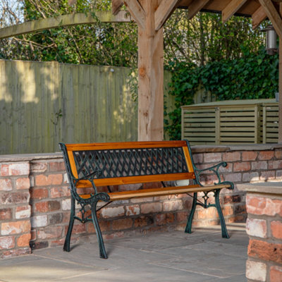 B&Q -  2 Seater Outdoor Wooden Cast Iron With Lattice Design Garden Patio Bench