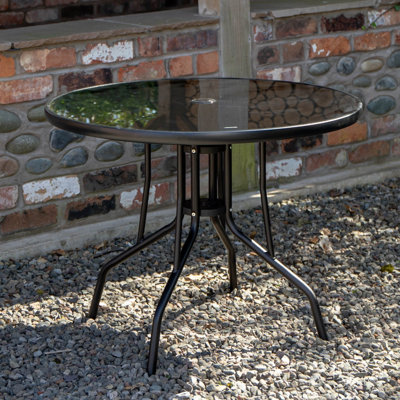 B&Q -  4 Person Round Black Garden Table With Glass Top & Parasol Hole