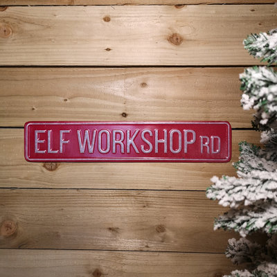 B&Q -  50Cm Indoor Outdoor Red Metal Elf Workshop Rd Sign Hanging Christmas Decoration