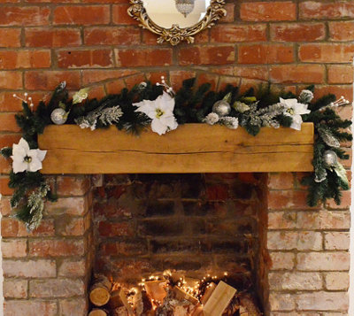 Samuel Alexander 1.8M (6Ft) White Poinsettia Christmas Garland Silver Balls Glitter Snow Flocked from B&Q