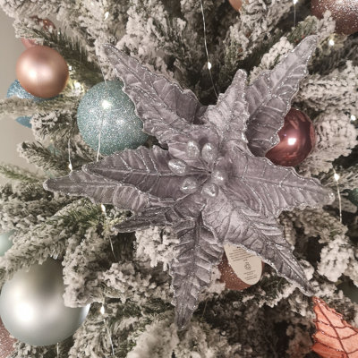 Samuel Alexander 50Cm Silver Velvet Poinsettia Stem With Glitter Christmas Decoration from B&Q
