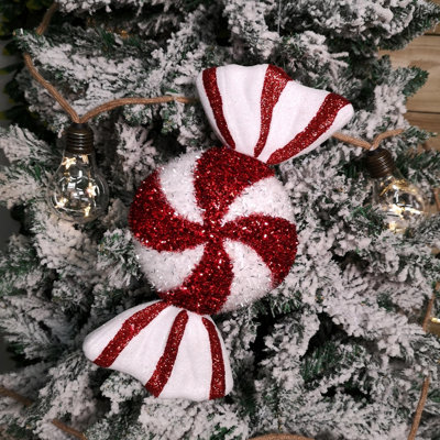 Samuel Alexander 28Cm Red And White Glitter Candy Stripe Sweet Hanging Christmas Decoration from B&Q