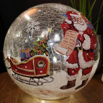 B&Q -  20Cm Battery Operated Warm White Led Crackle Effect Ball Christmas Decoration With Santa