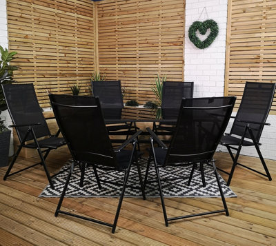 Samuel Alexander Outdoor 6 Person Rectangular Glass Top Garden Dining Table Chairs Set Black