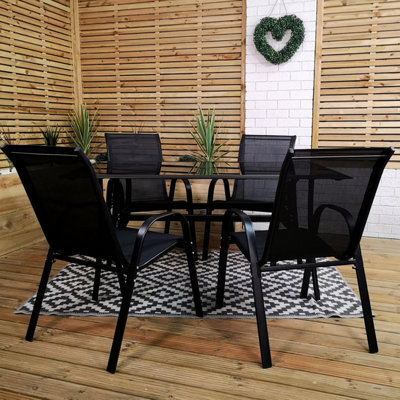 Samuel Alexander Outdoor 4 Person Rectangular Glass Top Garden Dining Table Chairs Set Black