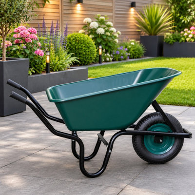 B&Q -  110 Litre 150Kg Capacity Heavy Duty Outdoor Pneumatic Plastic Garden Wheelbarrow In Green