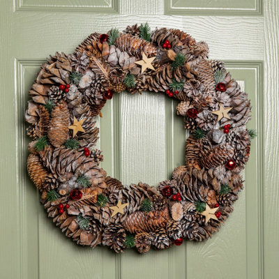 Samuel Alexander 50Cm Frosted Hanging Christmas Wreath With Red Jingle Bells & Wooden Stars from B&Q
