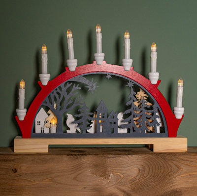 B&Q -  45Cm Battery Operated Light Up Red Wooden Christmas Candle Bridge With 9 Warm White Leds