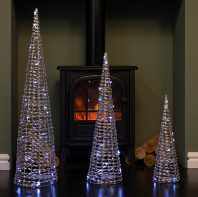 Samuel Alexander Set Of 3 Glitter Twist Christmas Cone Trees With 90 Cool Leds Silver/White