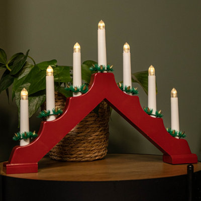 Samuel Alexander Light/Red/White Battery Operated Up Wooden Christmas Candle Bridge With 7 Warm Leds 41Cm