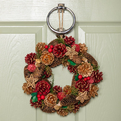 Samuel Alexander 30Cm Red Hanging Christmas Wreath With Red Berries And Pinecones