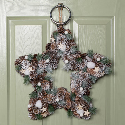 Samuel Alexander Frosted Hanging Christmas Star Wreath With Pine Cones & Wooden Stars 45Cm