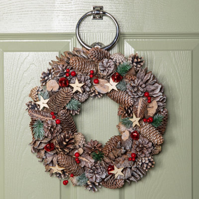 Samuel Alexander 36Cm Frosted Hanging Christmas Wreath With Red Jingle Bells & Wooden Stars from B&Q