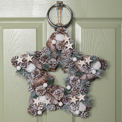 Samuel Alexander Frosted Hanging Christmas Star Wreath With Pine Cones & Wooden Stars 35Cm
