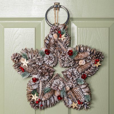 Samuel Alexander 35Cm Frosted Hanging Christmas Star Wreath With Red Jingle Bells & Wooden Stars from B&Q