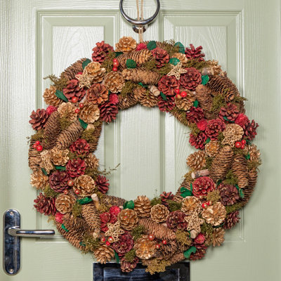 B&Q -  60Cm Red Hanging Christmas Wreath With Red Berries And Pinecones