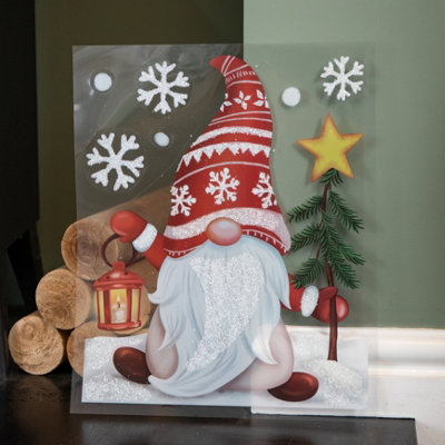 B&Q -  35Cm Christmas Gonk In Snow Scene Window Decal Decoration With Glitter