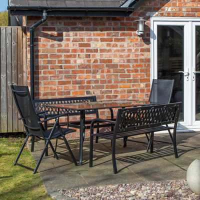 Samuel Alexander Outdoor 6 Person Rectangular Glass Top Garden Dining Table Benches & Chairs Set Black