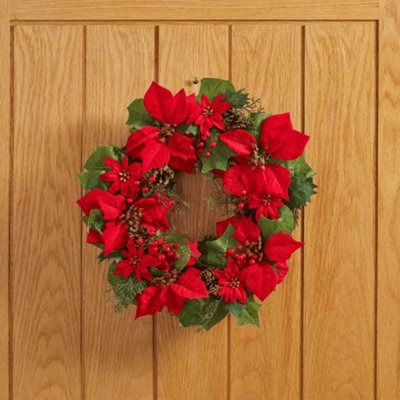 B&Q -  40Cm Red Hanging Christmas Poinsettia Wreath With Berries And Pinecones