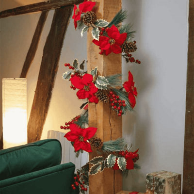 Samuel Alexander 1.8M Red And Green Christmas Poinsettia Garland With Pinecones & Seasonal Foliage from B&Q