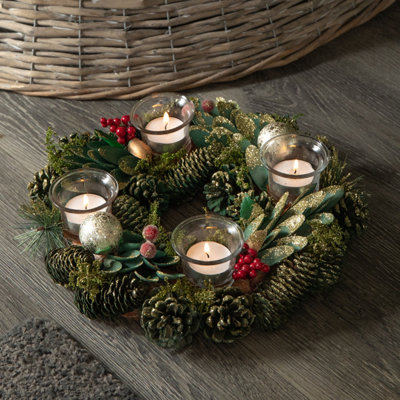 Samuel Alexander 33Cm Christmas Bauble Quartet Candle Holder With Pinecones And Red Berries from B&Q