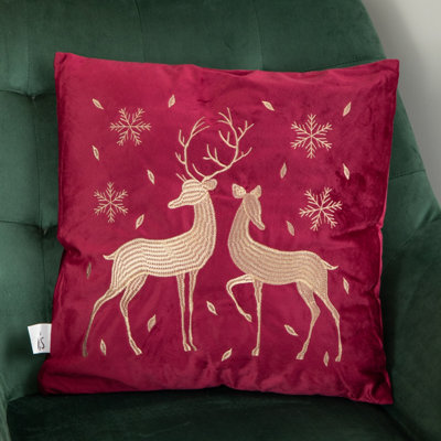 B&Q -  45 X 45Cm Soft Fabric Christmas Reindeer Chair Cushion In Ruby Red