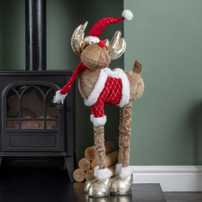 Samuel Alexander Golden Tall Plush Festive Rudolph Christmas Decoration With Extendable Legs 91Cm