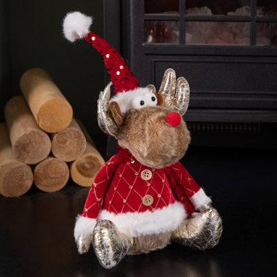 B&Q -  35Cm Sitting Plush Golden Prancer Christmas Reindeer Decoration