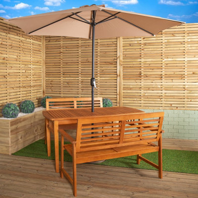 Samuel Alexander Outdoor 4 Person Rectangular Wooden Garden Table2 Benches With Beige Havana Parasol & Base from B&Q