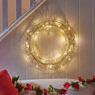 Samuel Alexander Light/Gold Battery Operated Up Weave Christmas Wreath With Leds 40Cm