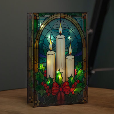 B&Q -  21Cm Battery Operated Light Up Stained Glass Christmas Decoration With Candles & Holly With Warm White Leds