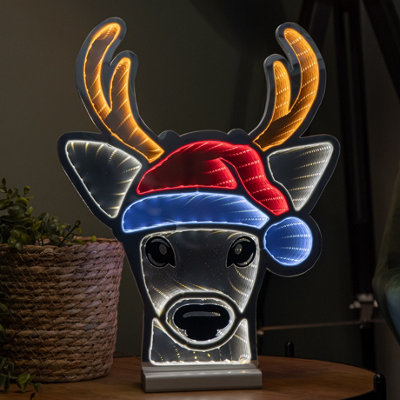 B&Q -  40Cm Light Up Christmas Deer Head In Santa Hat Infinity Decoration With Leds