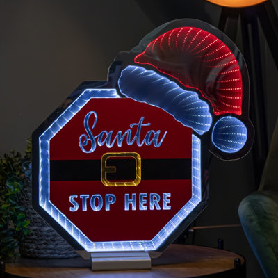 B&Q -  40Cm Light Up Christmas Santa Stop Here Sign With Hat Infinity Decoration & Leds