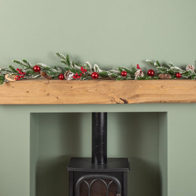 Samuel Alexander 1.9M Christmas Frosted Pinecone Garland With Red Berries And Baubles from B&Q