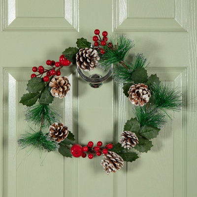 Samuel Alexander Red Hanging Christmas Wreath With Berries And Frosted Pinecones 45Cm