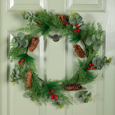 Samuel Alexander 50Cm Hanging Christmas Eucalyptus Wreath With Red Berries And Pinecones from B&Q