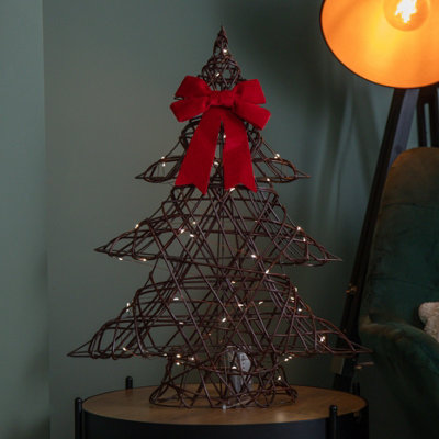B&Q -  60Cm Battery Operated Light Up Christmas Tree With Red Bow & 60 Warm White Leds