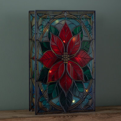 B&Q -  21Cm Battery Operated Light Up Double Sided Stained Glass Poinsettia Decoration With Leds