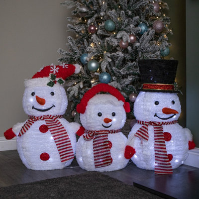 B&Q -  70Cm Set Of 3 Light Up Foldable Cloth Christmas Snowmen With 130 White Leds