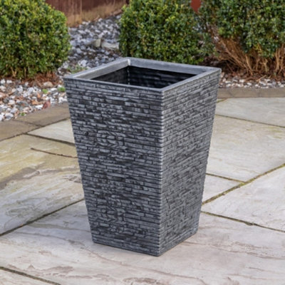 B&Q -  30Cm X 45Cm Large Square Plastic Slate Effect Garden Planter In Dark Grey