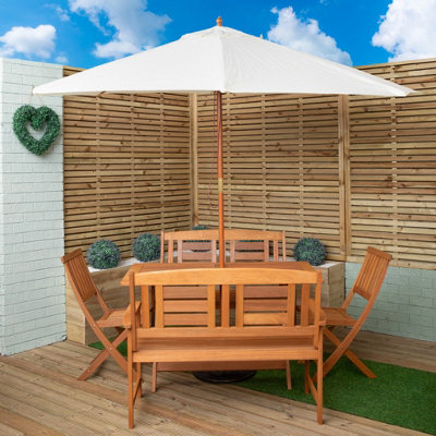 Samuel Alexander Outdoor 6 Person Folding Rectangular Wooden Garden Dining Table Chairs And 2 Benches Cream Parasol And Base Set from B&Q