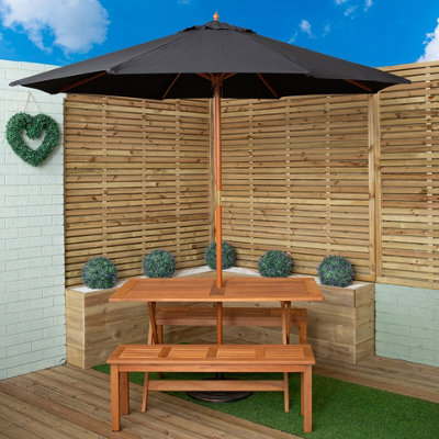 Samuel Alexander Outdoor 4 Person Rectangular Wooden Garden Dining Table2 Benches With Black Parasol And Base Set from B&Q