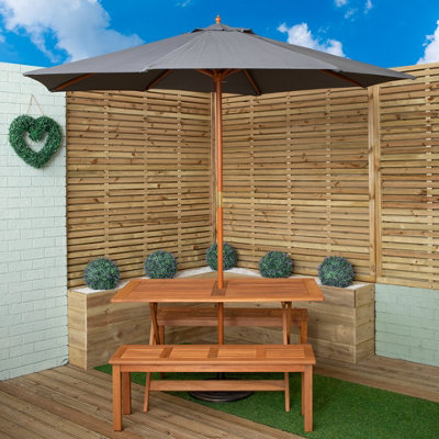 Samuel Alexander Outdoor 4 Person Rectangular Wooden Garden Dining Table2 Benches With Grey Parasol And Base Set from B&Q