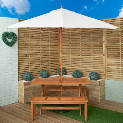 Samuel Alexander Outdoor 4 Person Rectangular Wooden Garden Dining Table2 Benches With Cream Parasol And Base Set from B&Q