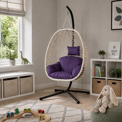 Rackhams Indigo Rattan Hanging Egg Chair With Stand & Cushion For Indoor Use - Image 4