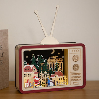 Light 18Cm Up Wooden Vintage Tv Christmas Village Scene With Leds - Image 7
