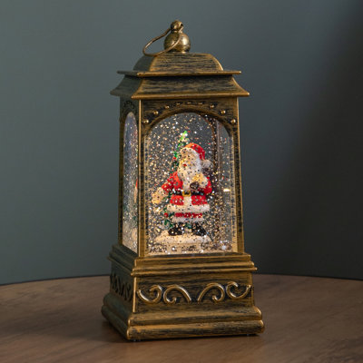 B&Q -  21Cm Dual Powered Light Up Rustic Gold Christmas Water Spinner Decoration With Santa Scene