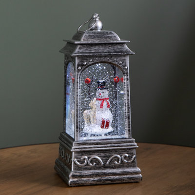 B&Q -  21Cm Dual Powered Light Up Rustic Silver Christmas Water Spinner Decoration With Snowman Scene