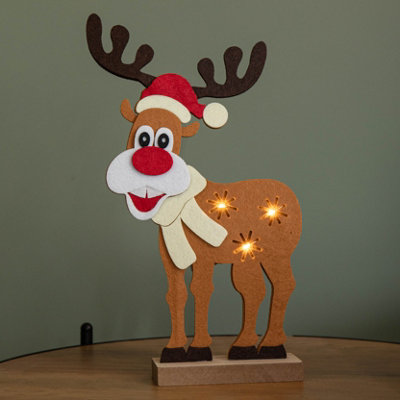 Samuel Alexander 32Cm Battery Operated Light Up Felt Reindeer With Santa Hat And Warm White Leds from B&Q