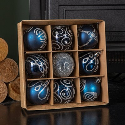 Samuel Alexander Set Of 9 Shatterproof Deluxe Glitter Christmas Tree Baubles In Midnight Blue from B&Q
